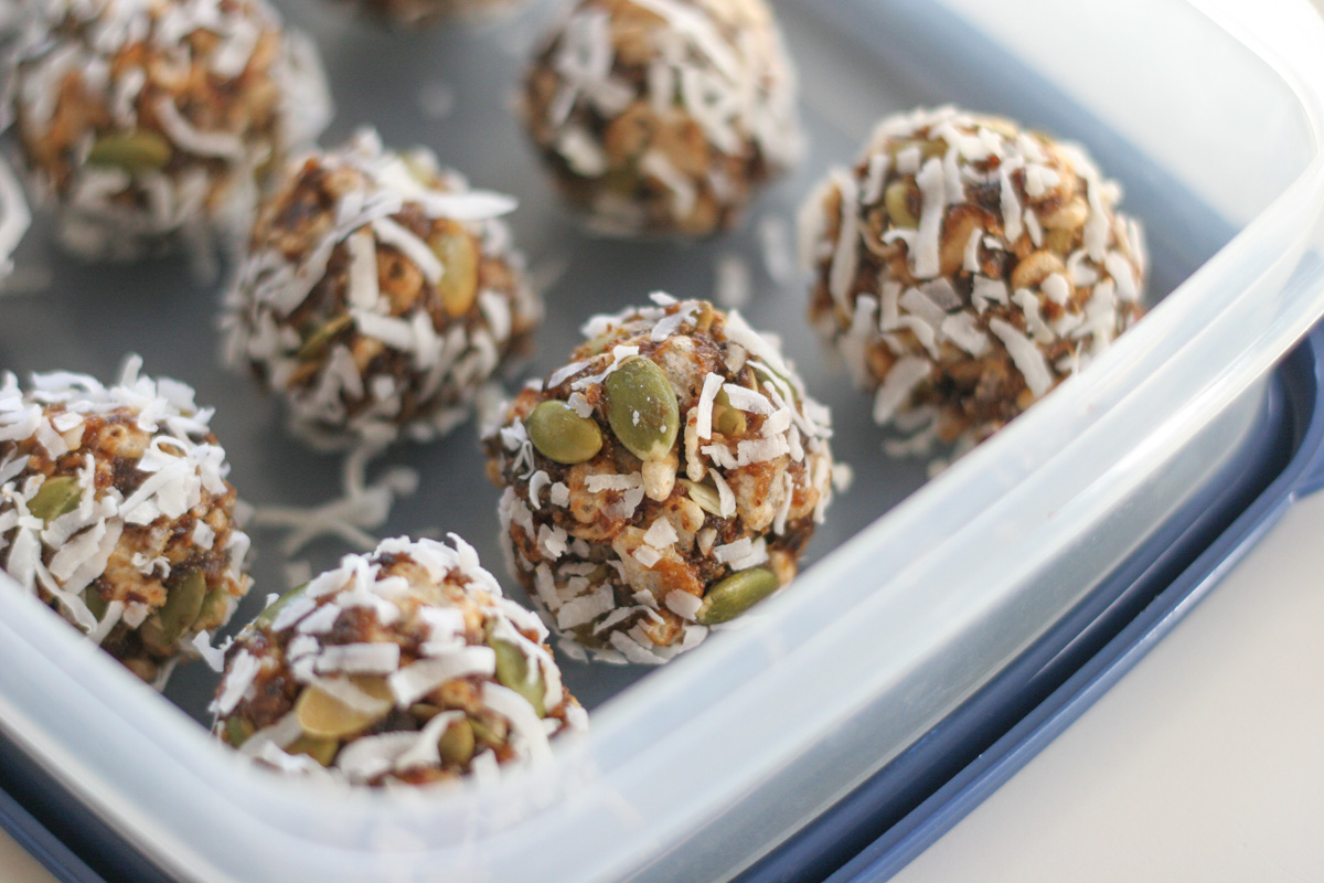 California Prune Energy Bites in a plastic container