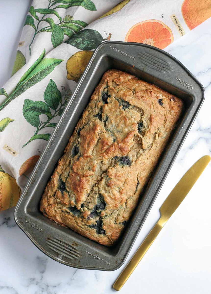 Banana blueberry bread in a loaf pan.