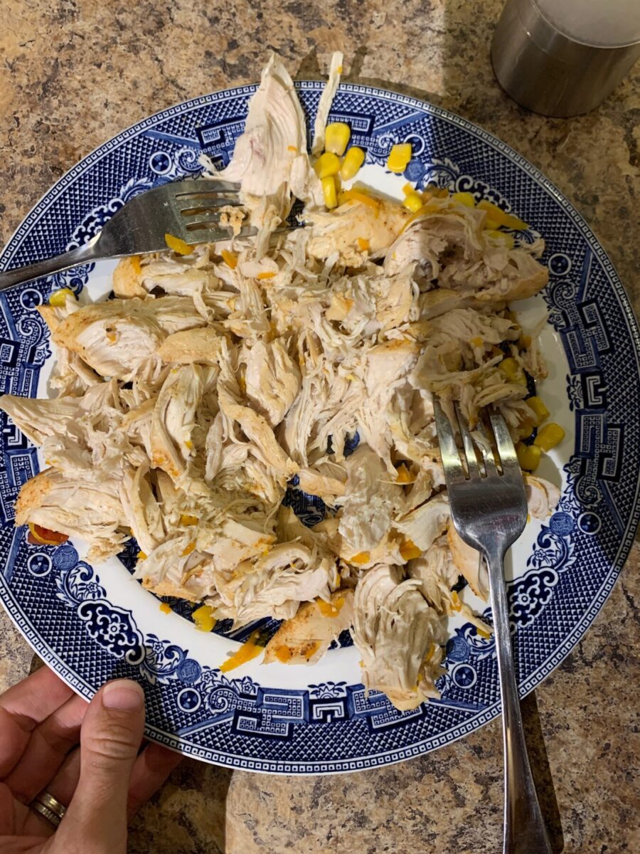 A blue plate with shredded chicken breasts on it