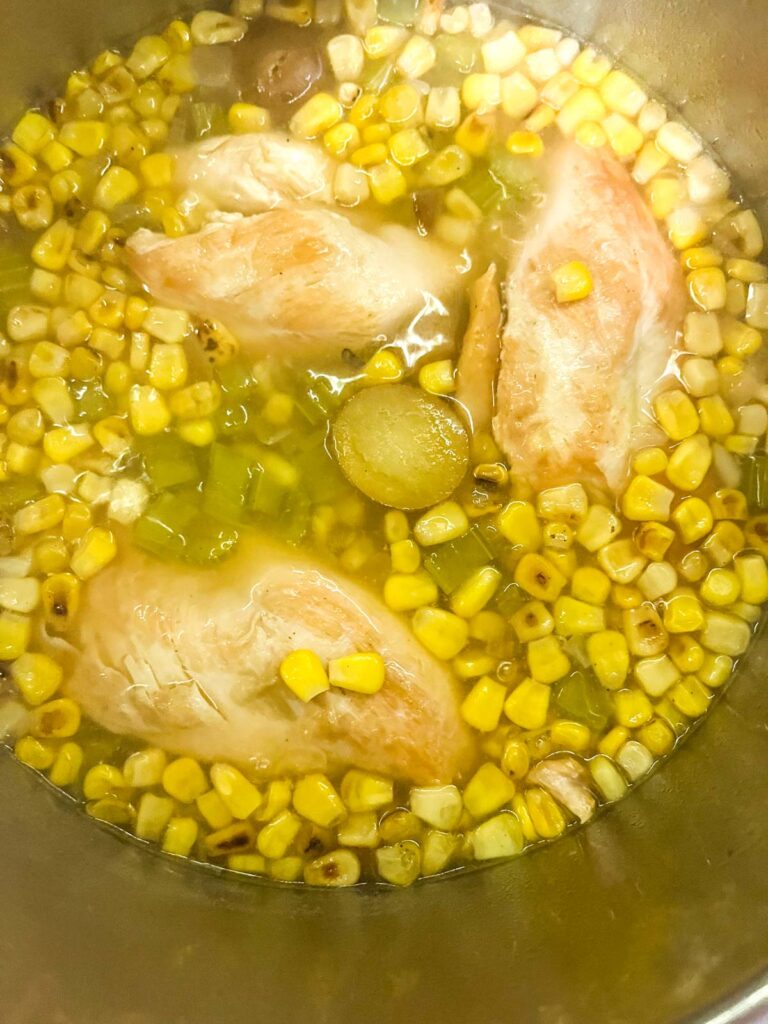Chicken and corn soup in Instant Pot.