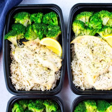 Two containers of chicken breast meal prep recipe with broccoli and rice.