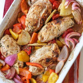 Chicken with Roasted Rainbow Veggies recipe just out of the oven