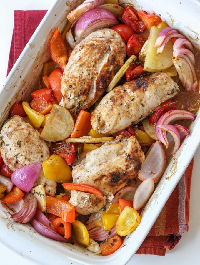 Chicken with Roasted Rainbow Veggies recipe just out of the oven