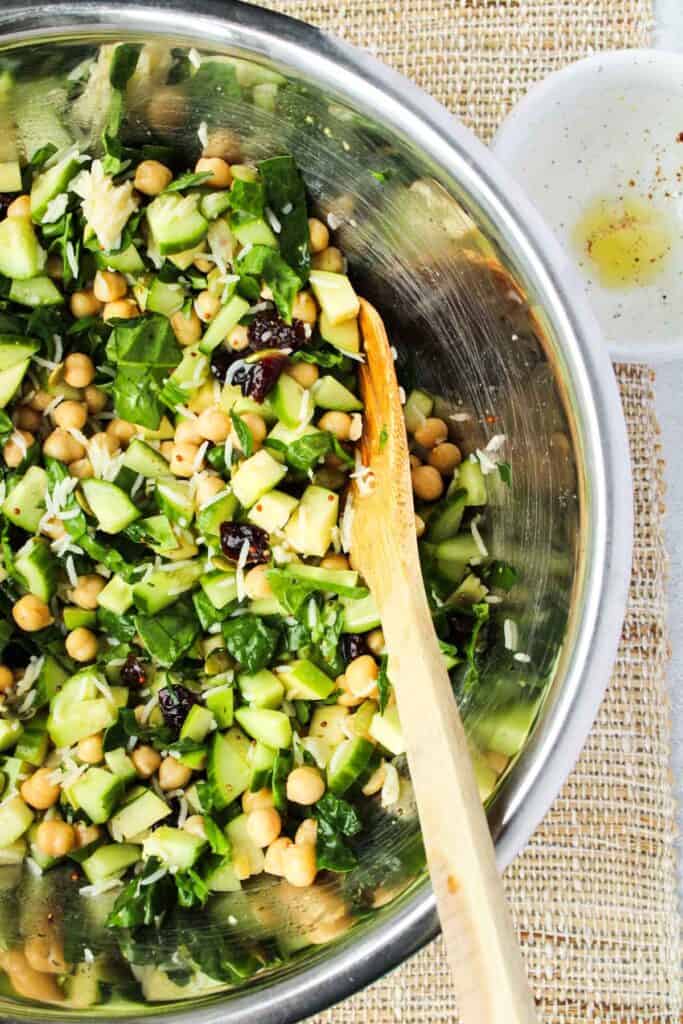 Chickpea Rice Salad with Spinach and Dried Cranberries.