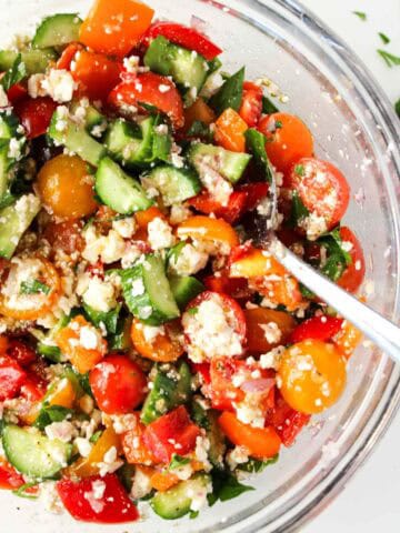 A bowl of chopped Greek salad.