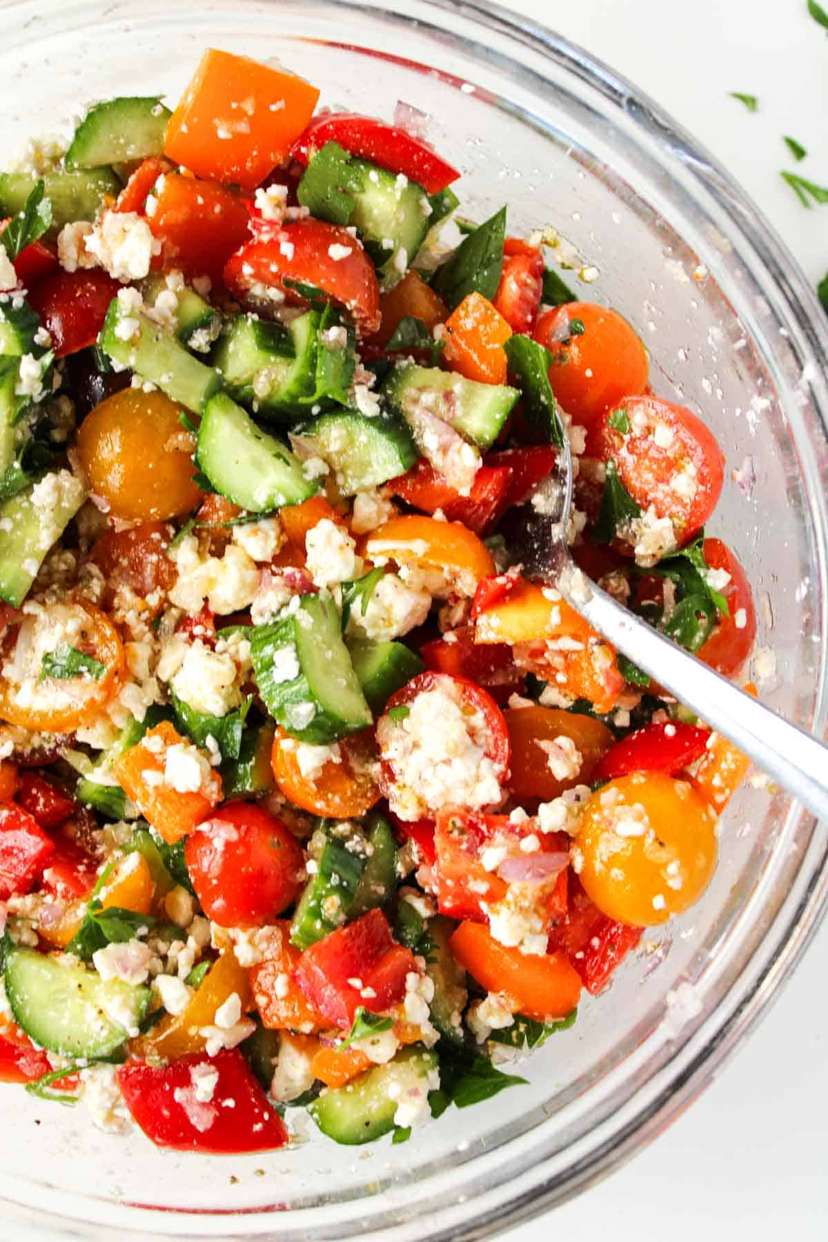 A bowl of chopped Greek salad.