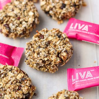 Close shot of Gluten-Free Breakfast Oat Cookies with Date Sugar with date sugar packages