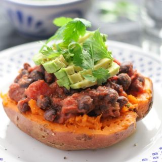 Close up of Easy Black Bean Stuffed Sweet Potatoes with Avocado