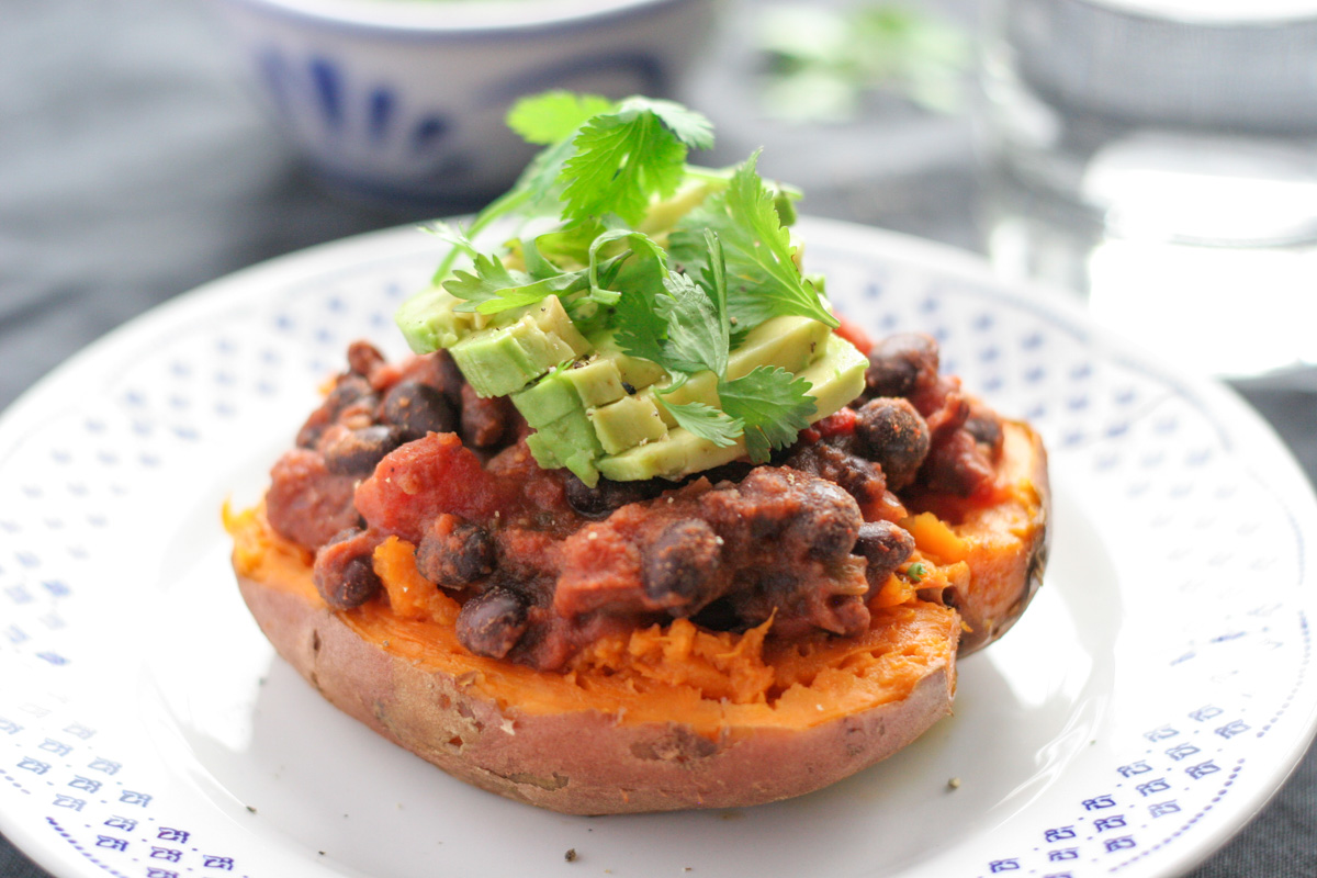 Close up of Easy Black Bean Stuffed Sweet Potatoes with Avocado