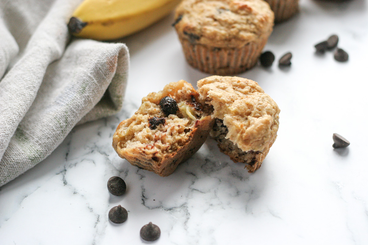 Banana chocolate chip muffin cut in half.