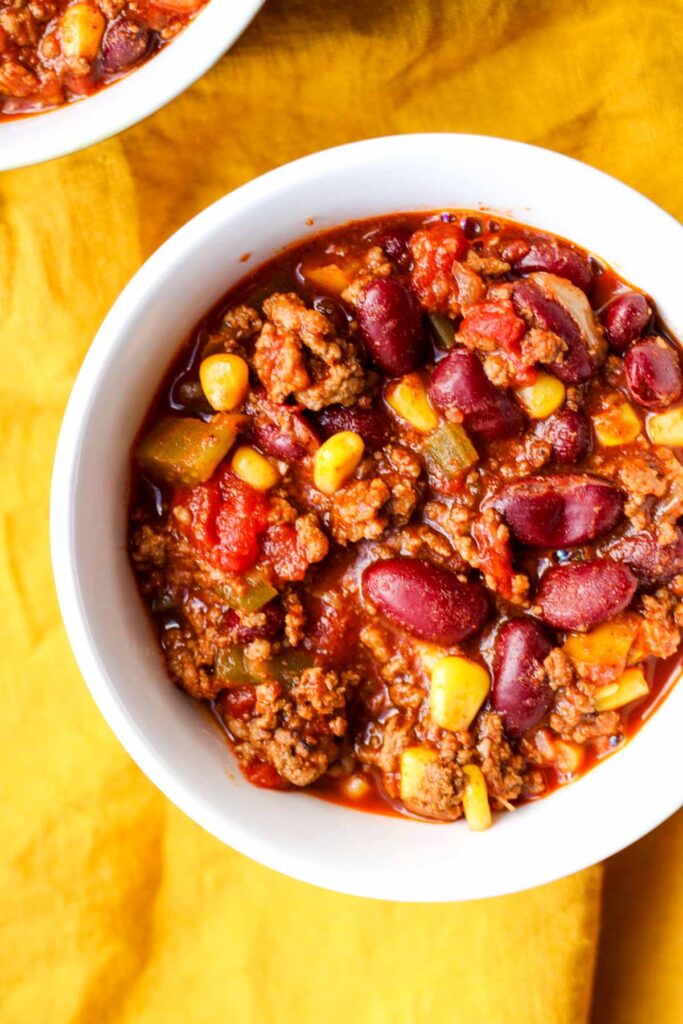 Gluten Free Crockpot Chili in a small white bowl.
