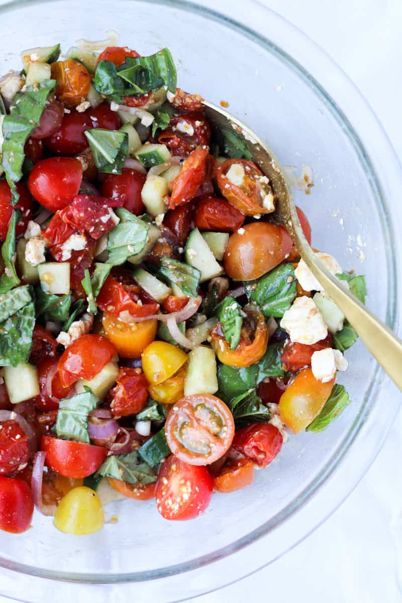 Roasted Cherry Tomato Salad in a glass bowl.