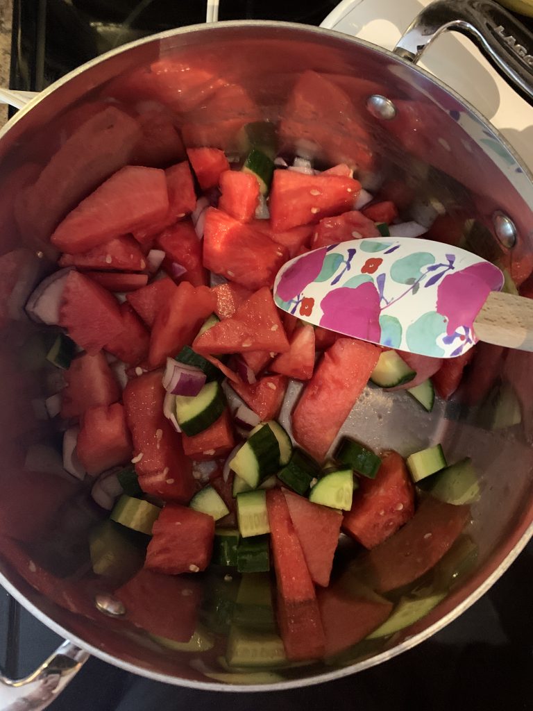 watermelon chunks in a pot.