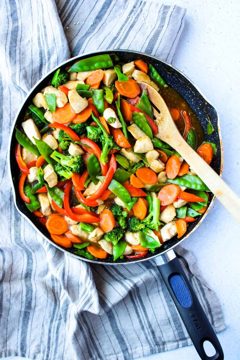 A large skillet filled chicken stir-fry.