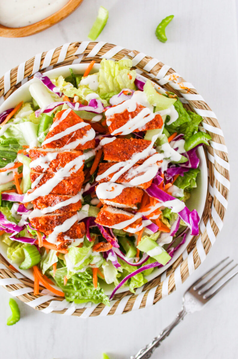 Healthy Crispy Buffalo Chicken Salad in a bowl.