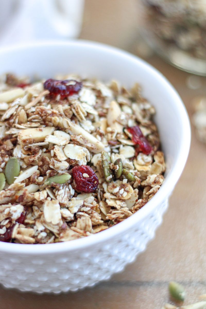 Healthy Gluten Free Granola in a small white bowl