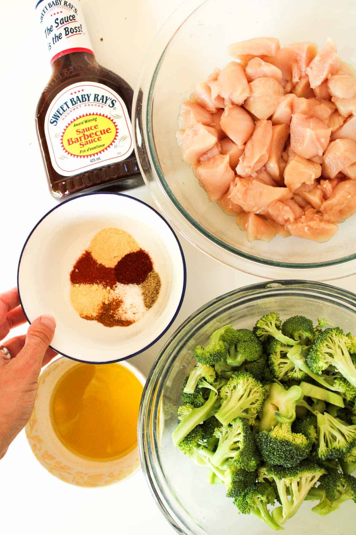 Ingredients for sheet pan bbq chicken breasts.