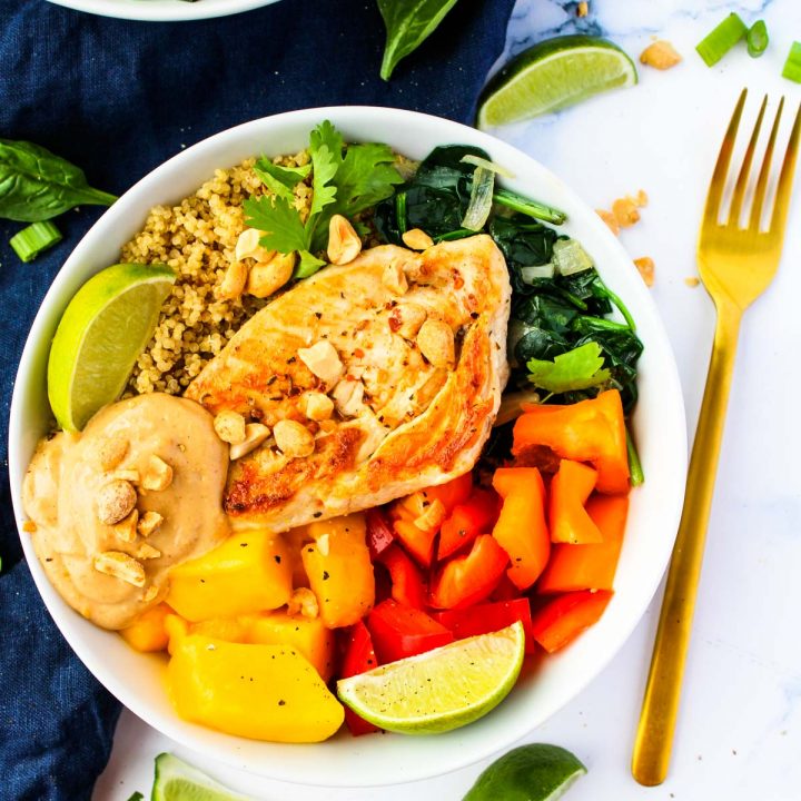 Chicken & Mango Quinoa Bowls with Peanut Sauce Eats by April