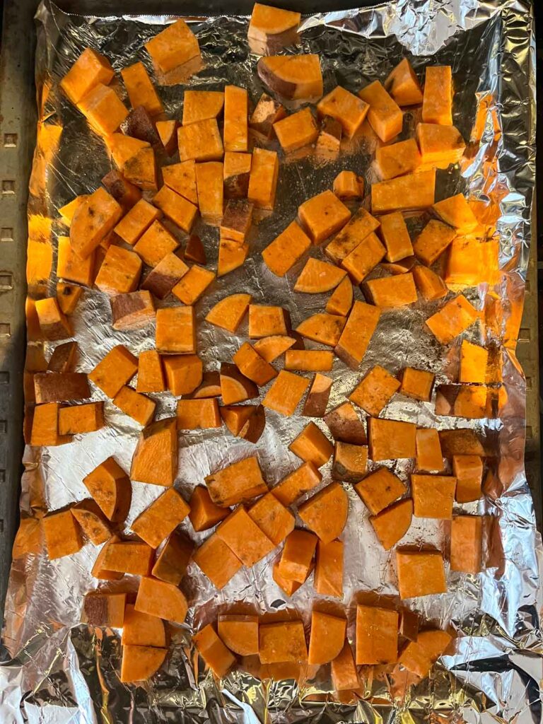 Pan of roasted sweet potatoes.