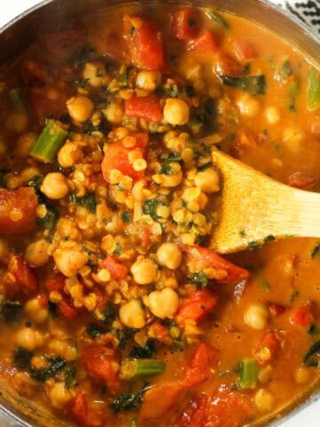 Pot of red lentil chickpea curry.