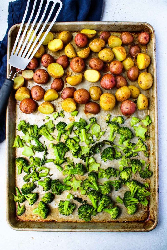 Roasted Broccoli and Potatoes on a large baking sheet.