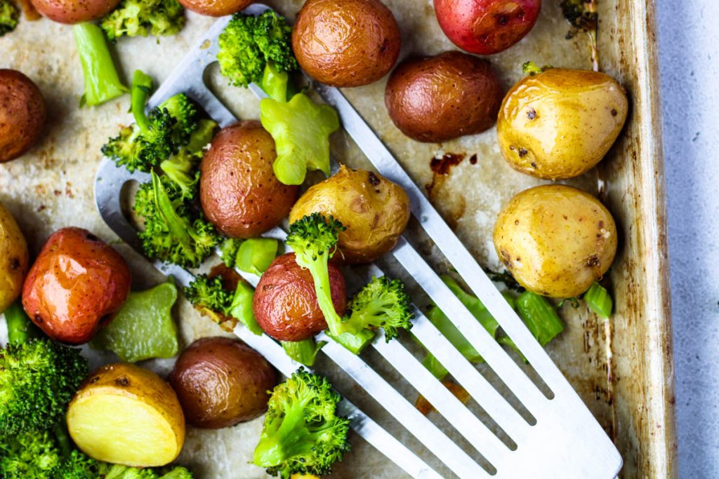 Roasted Broccoli and Potatoes on sheet pan.