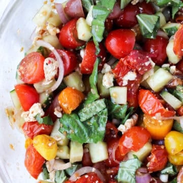 Roasted Cherry Tomato Salad in a glass bowl.