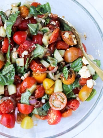 Roasted Cherry Tomato Salad in a glass bowl.
