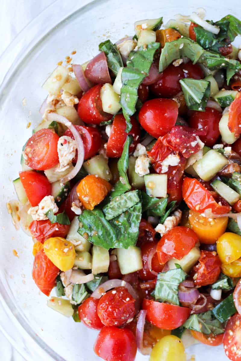 Roasted Cherry Tomato Salad in a glass bowl.