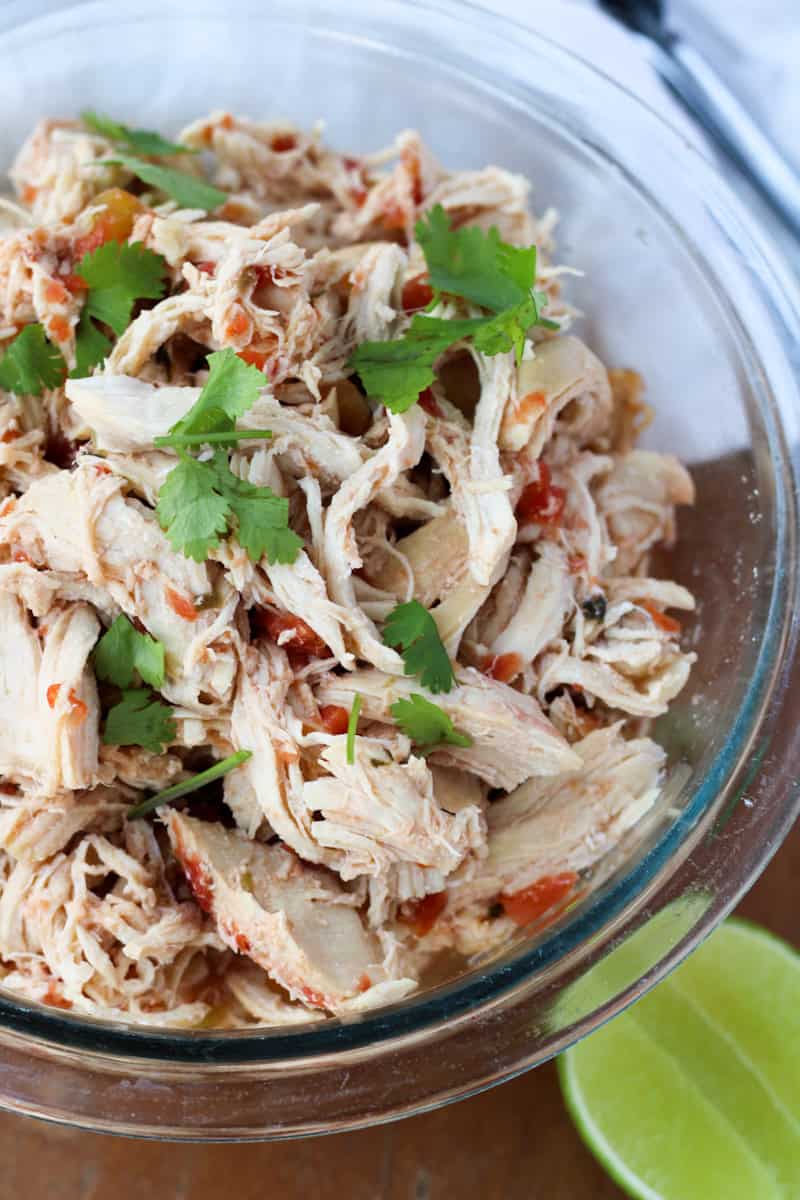 Salsa Chicken for meal prep in a glass bowl.