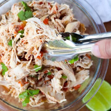 Salsa Chicken for meal prep in a glass bowl.