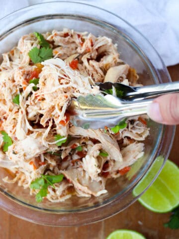 Salsa Chicken for meal prep in a glass bowl.