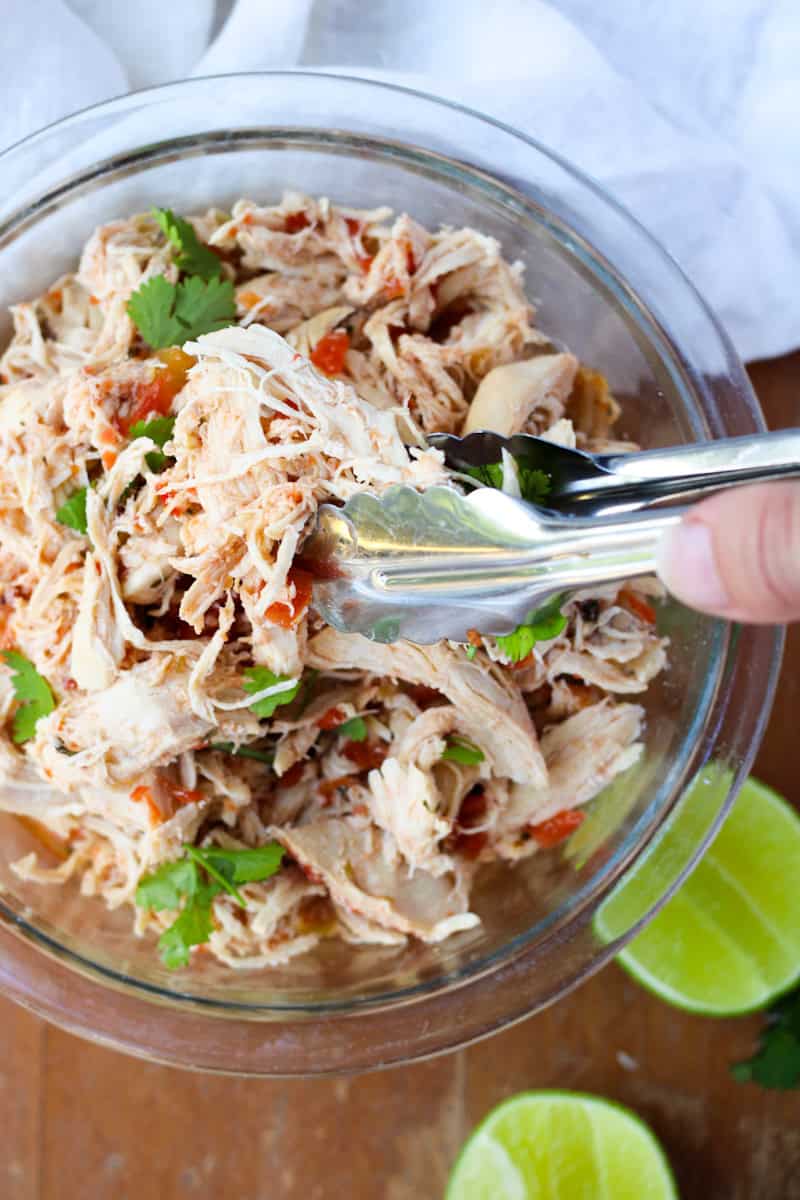 Salsa Chicken for meal prep in a glass bowl.