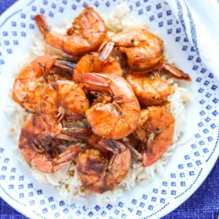 Small blue and white plate with Sweet and Spicy Shrimp