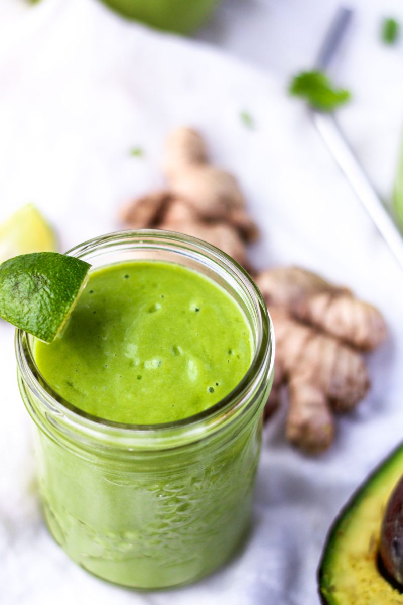 Tropical Green Smoothie in a small mason jar