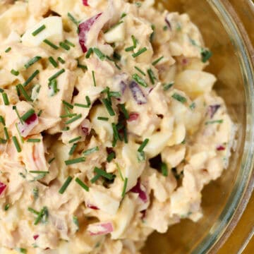 Tuna and Egg Salad in a glass bowl.