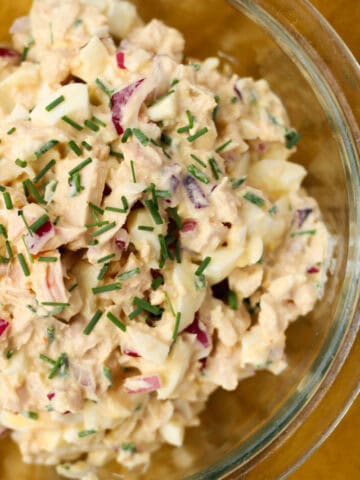 Tuna and Egg Salad in a glass bowl.