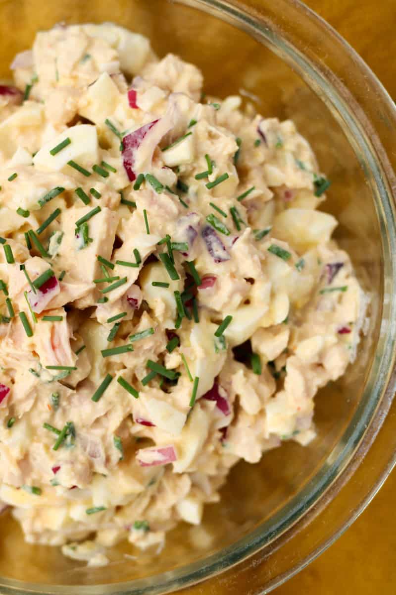 Tuna and Egg Salad in a glass bowl.