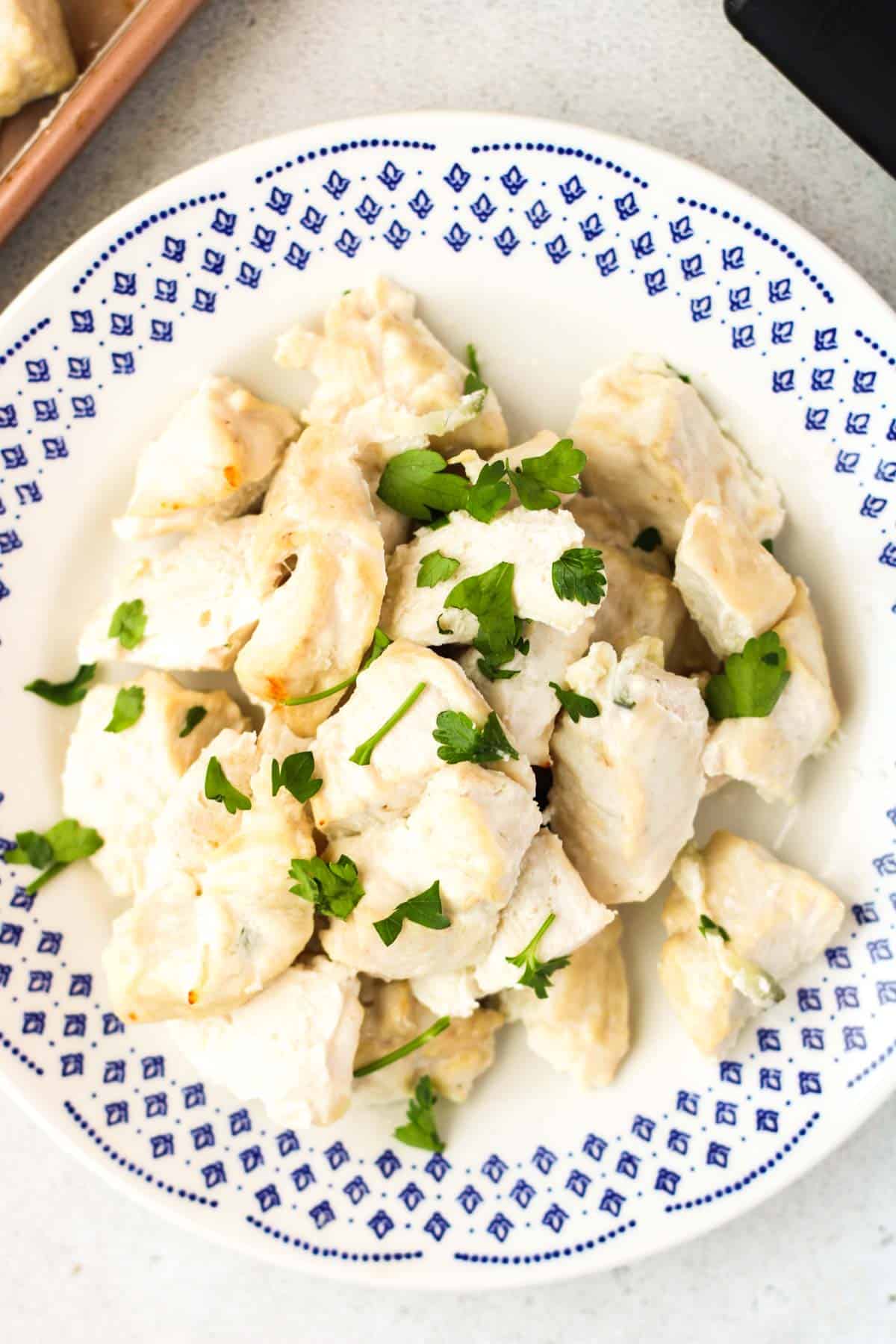 Tzatziki Chicken Breast Bites on a plate.