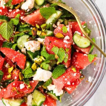 Watermelon Feta Mint salad in a glass bowl.