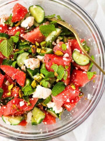 Watermelon Feta Mint salad in a glass bowl.