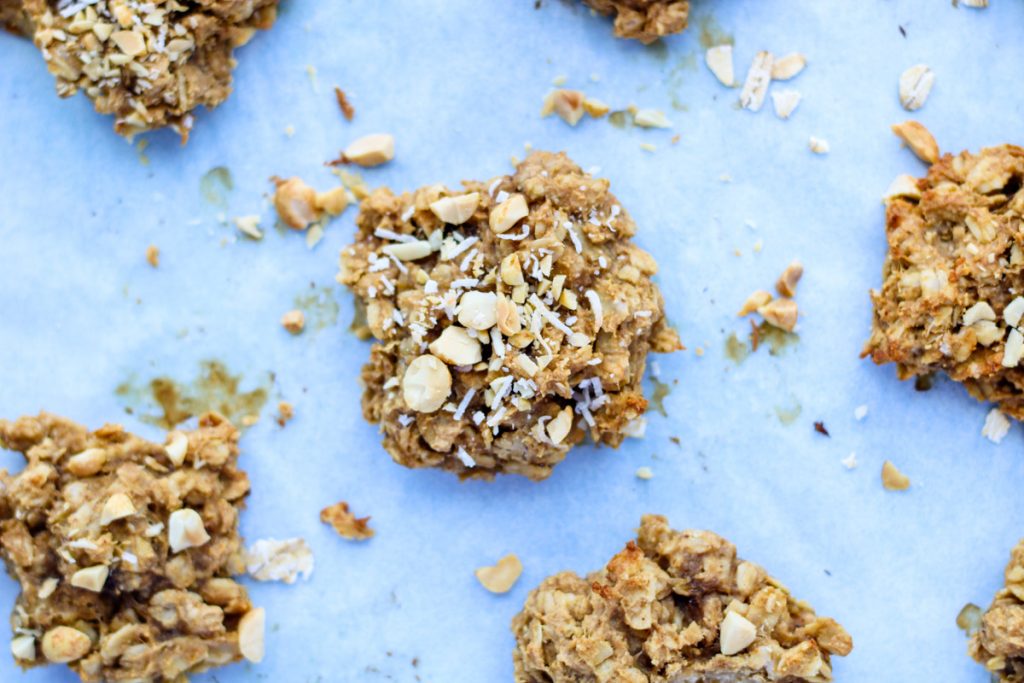 a baked oatmeal cookie with crushed peanuts on top