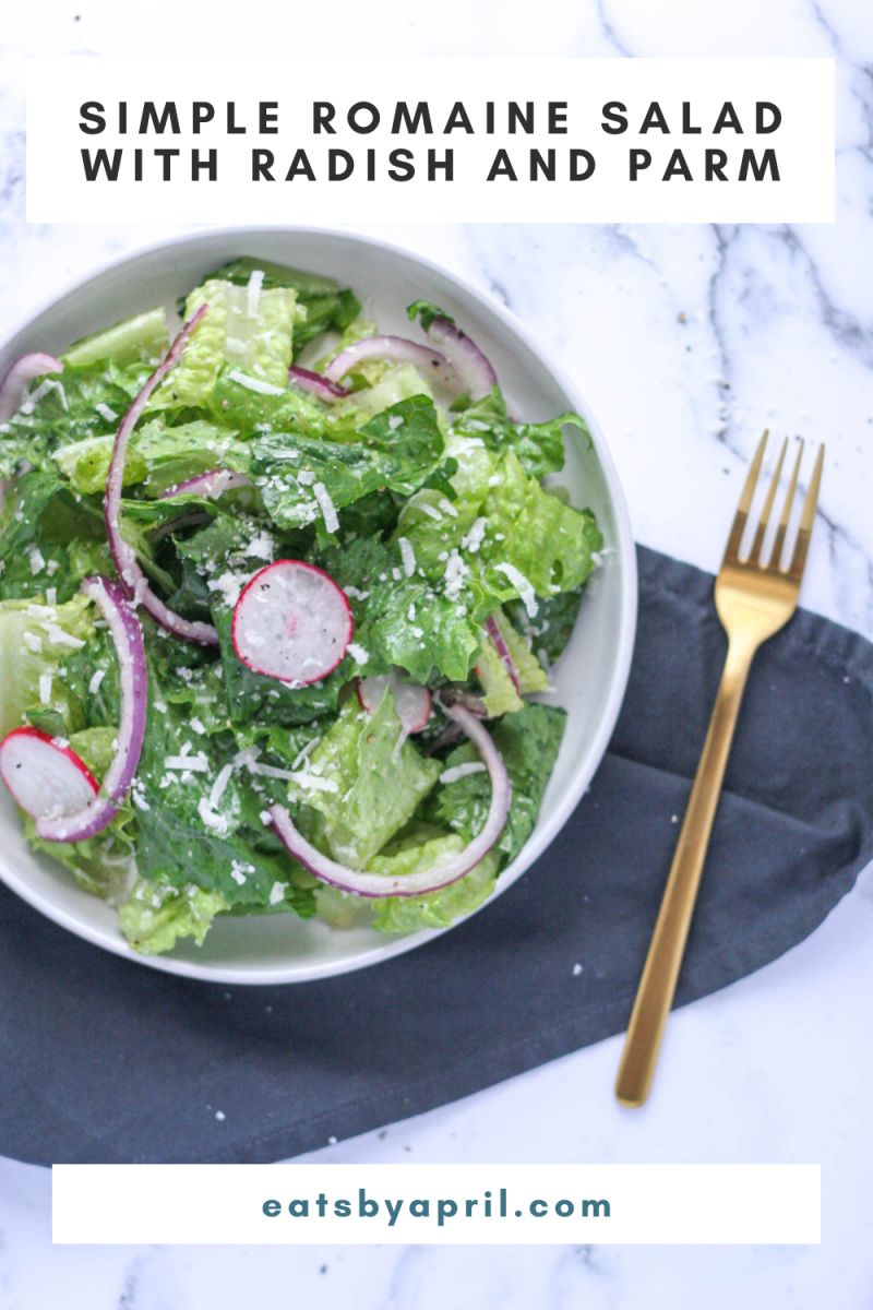 A white plate filled with romaine lettuce topped with radishes and red onions